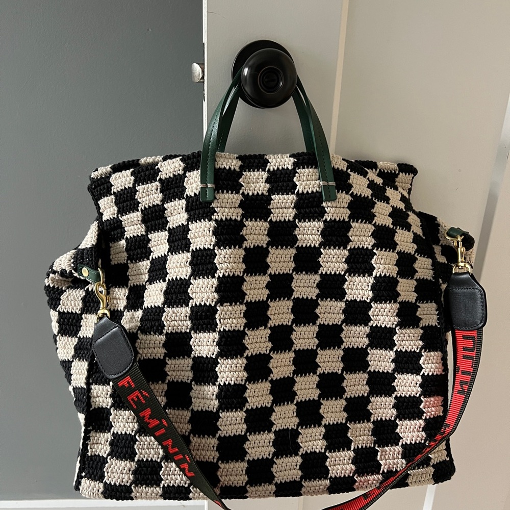 Clare v simple summer tote Checkered Black and White Tote Bag with Green Handles